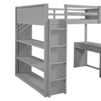 Full Size Loft Bed with Built-in Studying Desk, Solid Wood Bed Frame with 3-Tier Shelves and Storage Drawers, Versatile Bed
