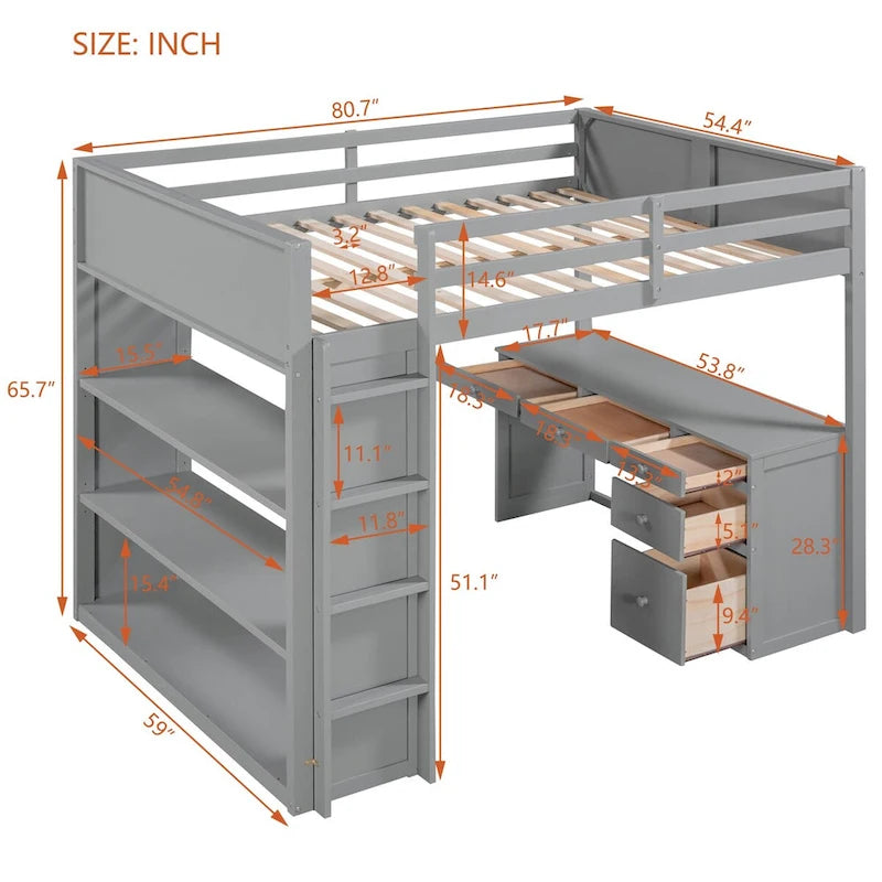 Full Size Loft Bed with Built-in Studying Desk, Solid Wood Bed Frame with 3-Tier Shelves and Storage Drawers, Versatile Bed