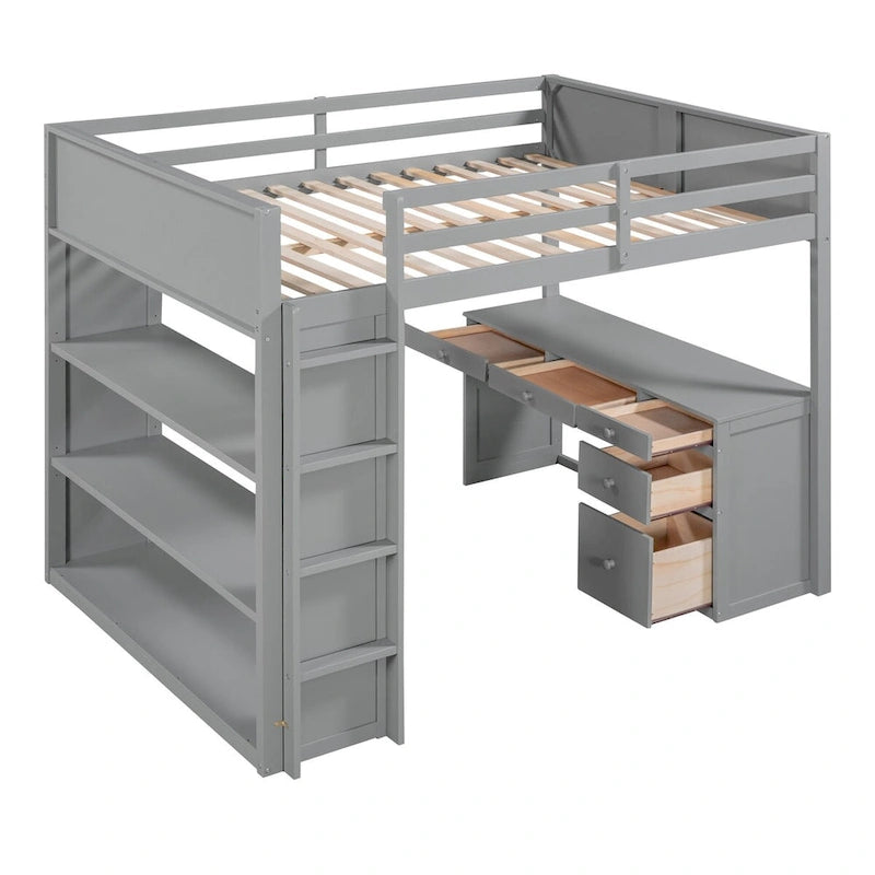 Full Size Loft Bed with Built-in Studying Desk, Solid Wood Bed Frame with 3-Tier Shelves and Storage Drawers, Versatile Bed