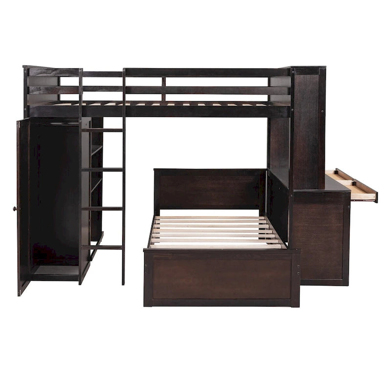 Full Size Loft Bed with a Twin Size Stand-Alone Bed, Shelves and Desk & Wardrobe