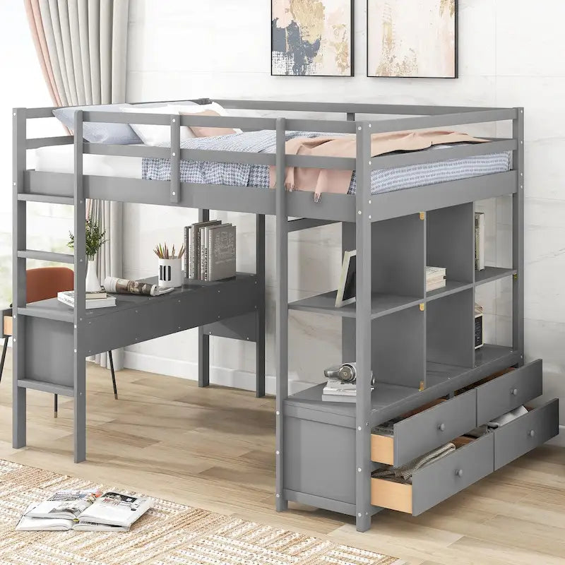 Full Size Loft Bed with Built-In Desk with Multi Drawers and Storage Shelves