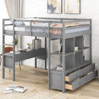 Full Size Loft Bed with Built-In Desk with Multi Drawers and Storage Shelves