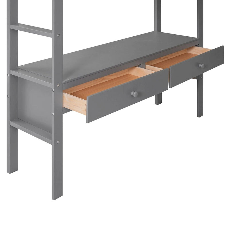 Full Size Loft Bed with Built-In Desk with Multi Drawers and Storage Shelves