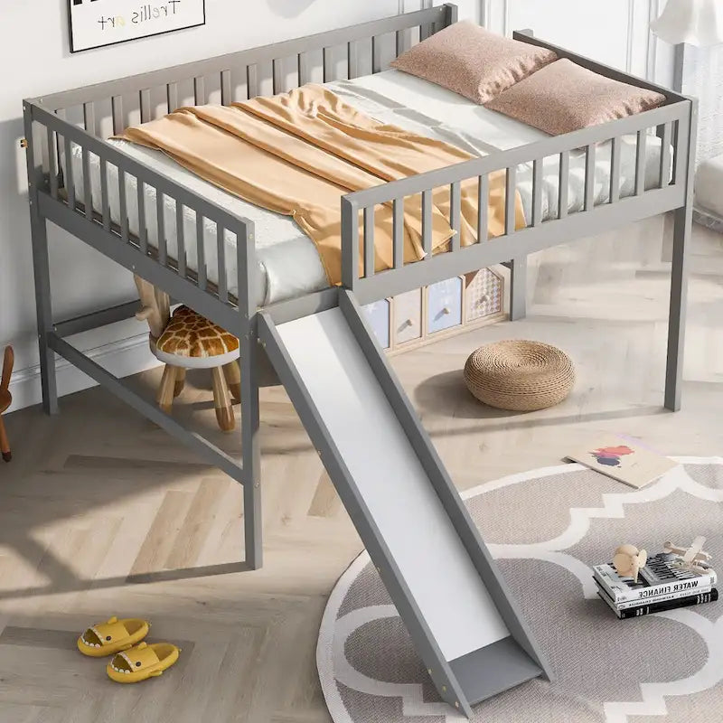 Full Size Low Loft Bed Frame for Boys Girls Kids Adults Toddler for Boys Girls Kids Adults Toddler with Ladder and Slide