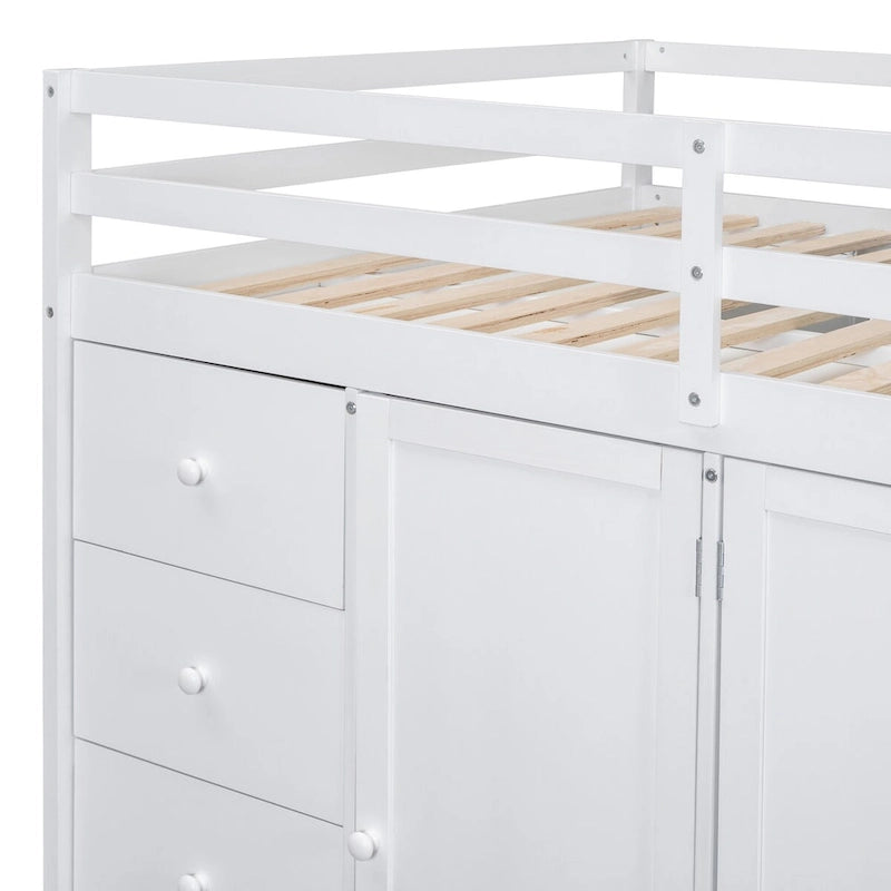 Full Size Loft Bed, Wood Loft Bed Frame with Built-in Wardrobes, Cabinets and Drawers