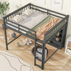 Full Size Loft Bed with 8 Open Storage Shelves Cabinet and Built-In Ladder, Full Length Guardrail & Underbed Storage Space