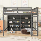 Full Size Loft Bed with 8 Open Storage Shelves Cabinet and Built-In Ladder, Full Length Guardrail & Underbed Storage Space