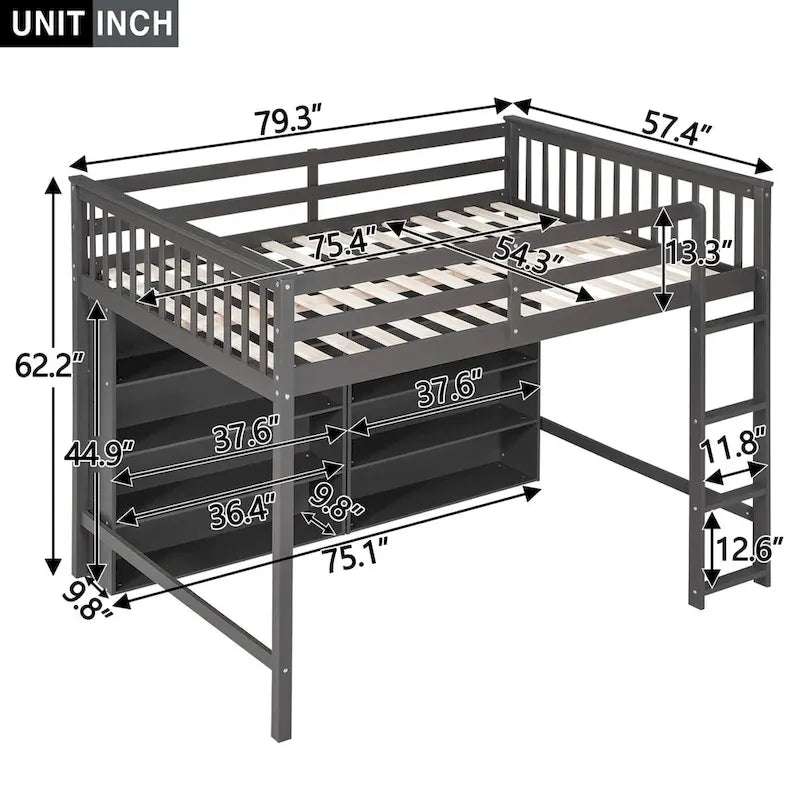 Full Size Loft Bed with 8 Open Storage Shelves Cabinet and Built-In Ladder, Full Length Guardrail & Underbed Storage Space