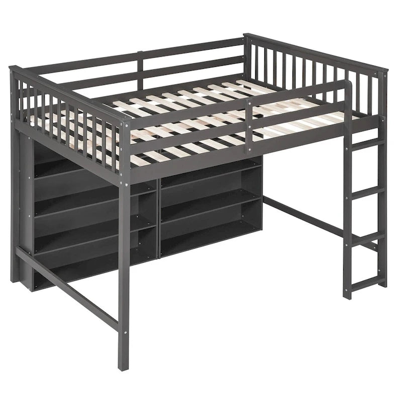 Full Size Loft Bed with 8 Open Storage Shelves Cabinet and Built-In Ladder, Full Length Guardrail & Underbed Storage Space