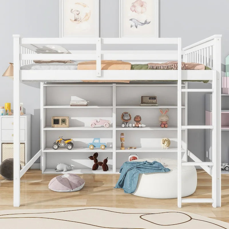 Full Size Loft Bed with 8 Open Storage Shelves Cabinet and Built-In Ladder, Full Length Guardrail & Underbed Storage Space