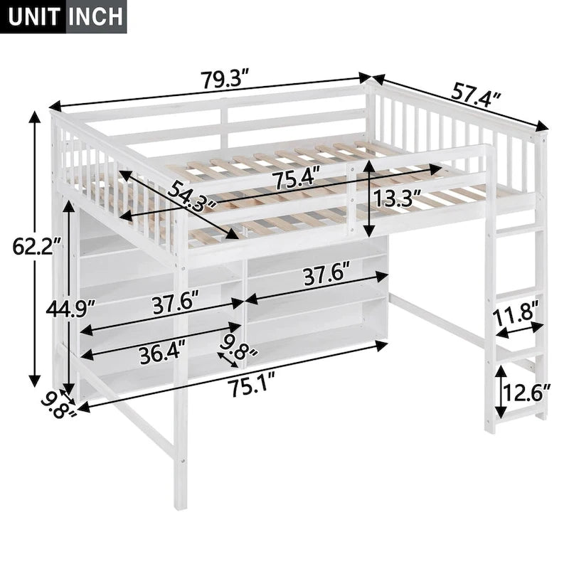 Full Size Loft Bed with 8 Open Storage Shelves Cabinet and Built-In Ladder, Full Length Guardrail & Underbed Storage Space