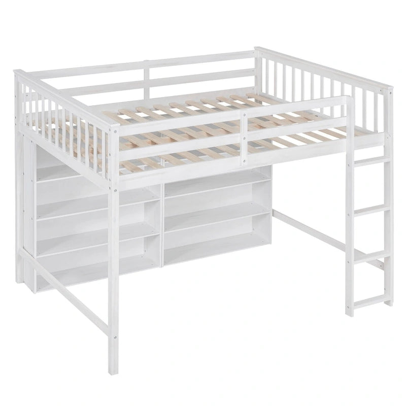 Full Size Loft Bed with 8 Open Storage Shelves Cabinet and Built-In Ladder, Full Length Guardrail & Underbed Storage Space