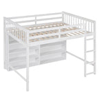 Full Size Loft Bed with 8 Open Storage Shelves Cabinet and Built-In Ladder, Full Length Guardrail & Underbed Storage Space