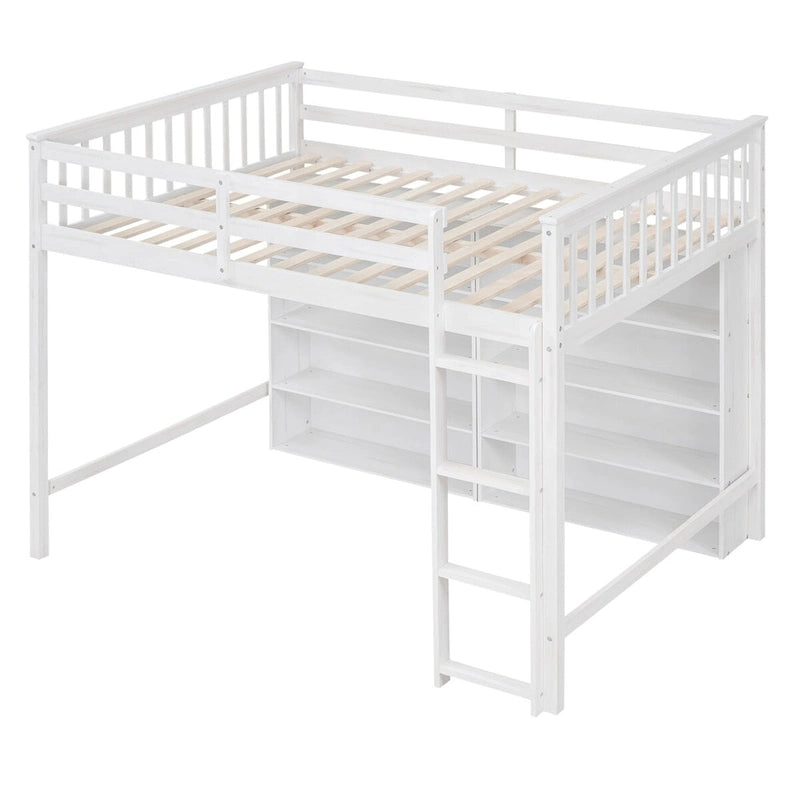 Full Size Loft Bed with 8 Open Storage Shelves Cabinet and Built-In Ladder, Full Length Guardrail & Underbed Storage Space