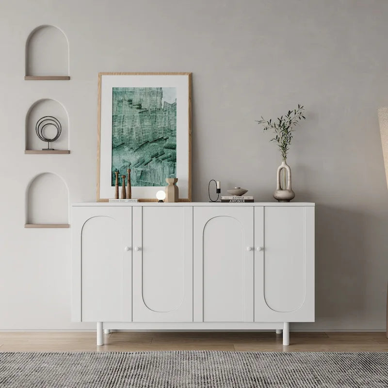 Functional 4-Door Intaglio Storage Cabinet with Pine Legs