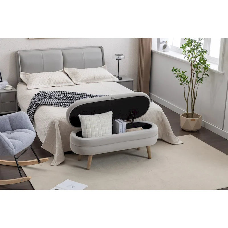 Velvet Fabric Storage Bench Bedroom Bench With Wood Legs For Living Room Bedroom Indoor,Light Gray