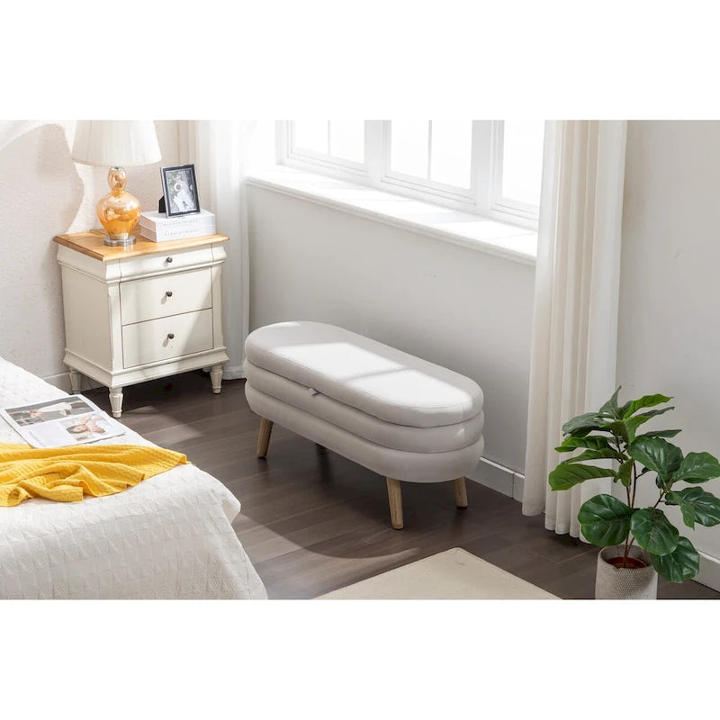 Velvet Fabric Storage Bench Bedroom Bench With Wood Legs For Living Room Bedroom Indoor,Light Gray