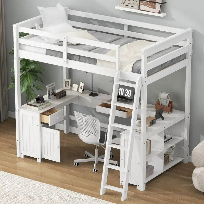 Full Size Loft Bed with U-shaped Desk, Cabinet and Storage Shelves