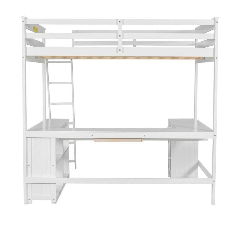 Full Size Loft Bed with U-shaped Desk, Cabinet and Storage Shelves