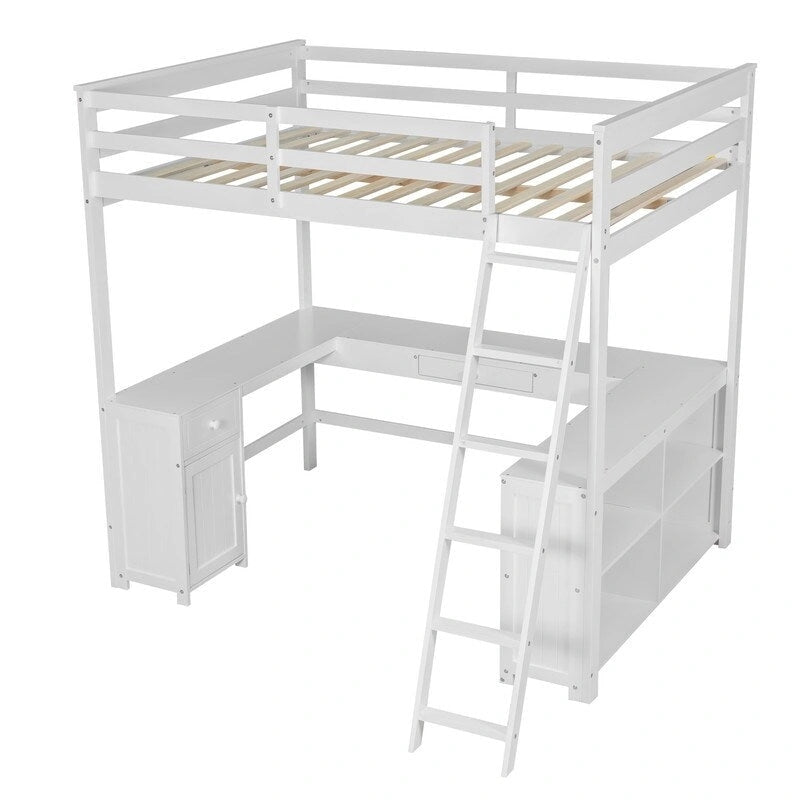 Full Size Loft Bed with U-shaped Desk, Cabinet and Storage Shelves