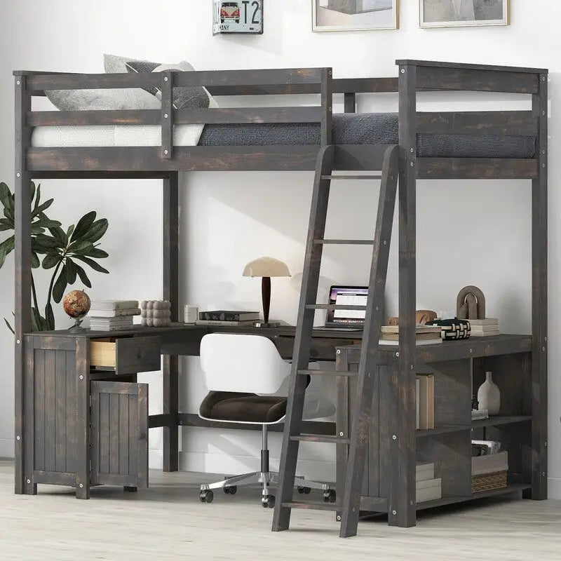 Full Size Loft Bed with U-shaped Desk, Cabinet and Storage Shelves