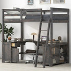 Full Size Loft Bed with U-shaped Desk, Cabinet and Storage Shelves