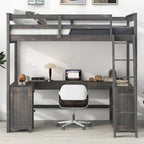 Full Size Loft Bed with U-shaped Desk, Cabinet and Storage Shelves