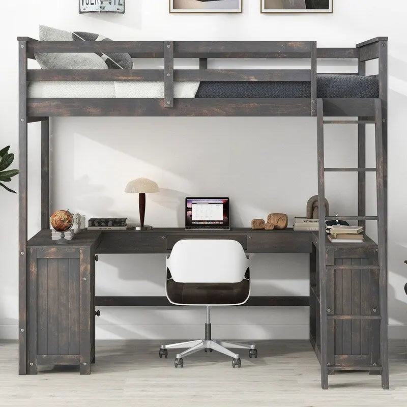 Full Size Loft Bed with U-shaped Desk, Cabinet and Storage Shelves
