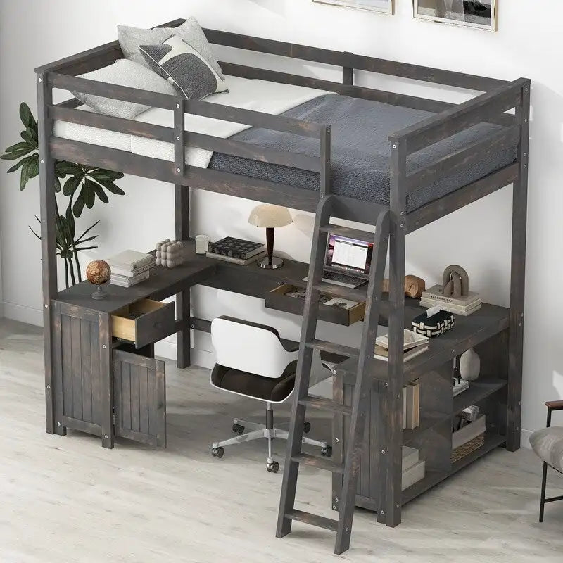 Full Size Loft Bed with U-shaped Desk, Cabinet and Storage Shelves