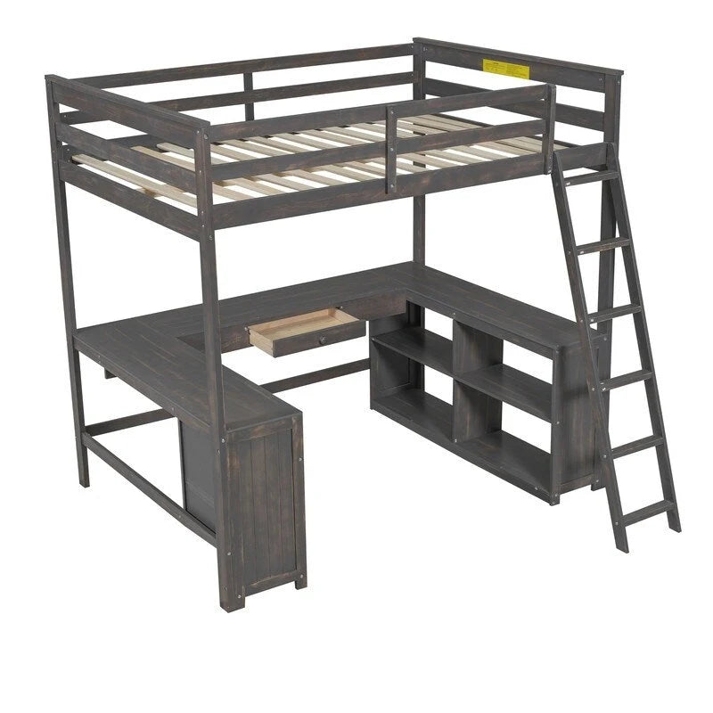 Full Size Loft Bed with U-shaped Desk, Cabinet and Storage Shelves