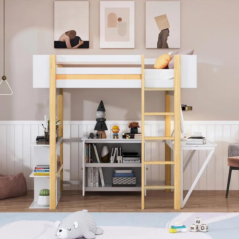 Wood Loft Bed With Built-in Storage Cabinet, Cubes, and Foldable Desk