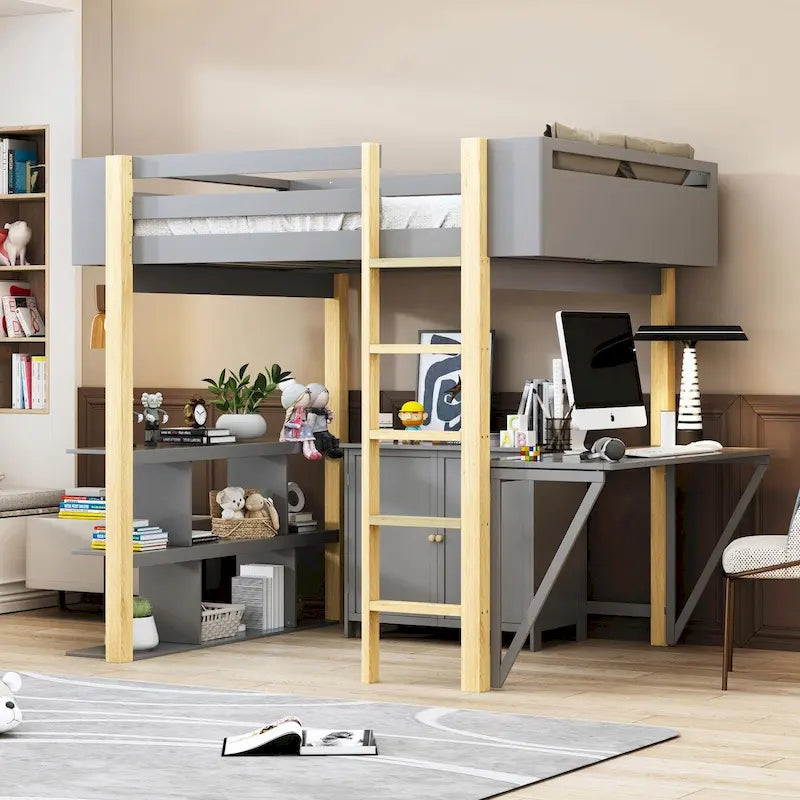 Wood Loft Bed With Built-in Storage Cabinet, Cubes, and Foldable Desk