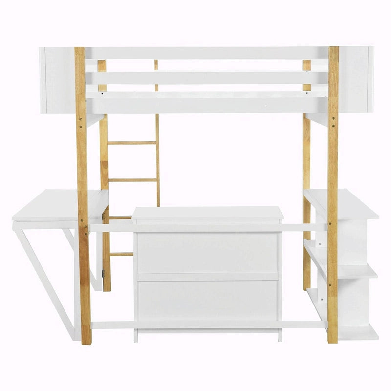Wood Loft Bed With Built-in Storage Cabinet, Cubes, and Foldable Desk
