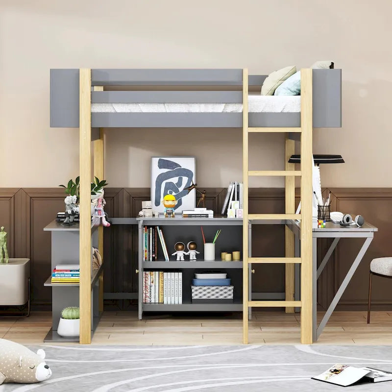 Wood Loft Bed With Built-in Storage Cabinet, Cubes, and Foldable Desk