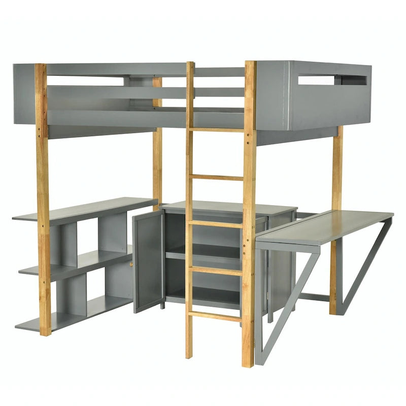 Wood Loft Bed With Built-in Storage Cabinet, Cubes, and Foldable Desk
