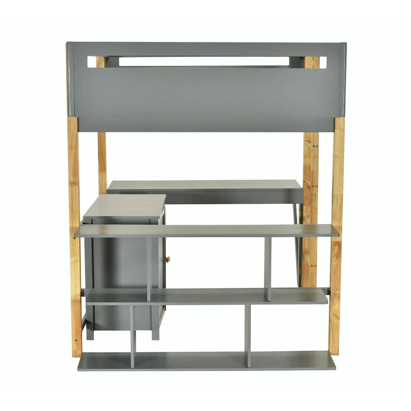 Wood Loft Bed With Built-in Storage Cabinet, Cubes, and Foldable Desk