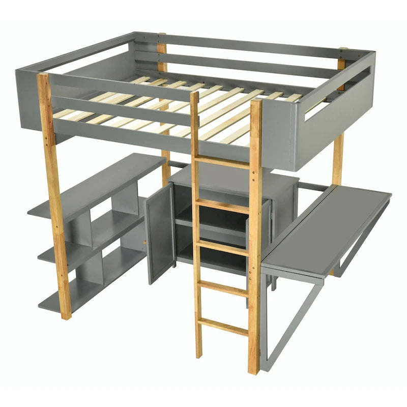 Wood Loft Bed With Built-in Storage Cabinet, Cubes, and Foldable Desk