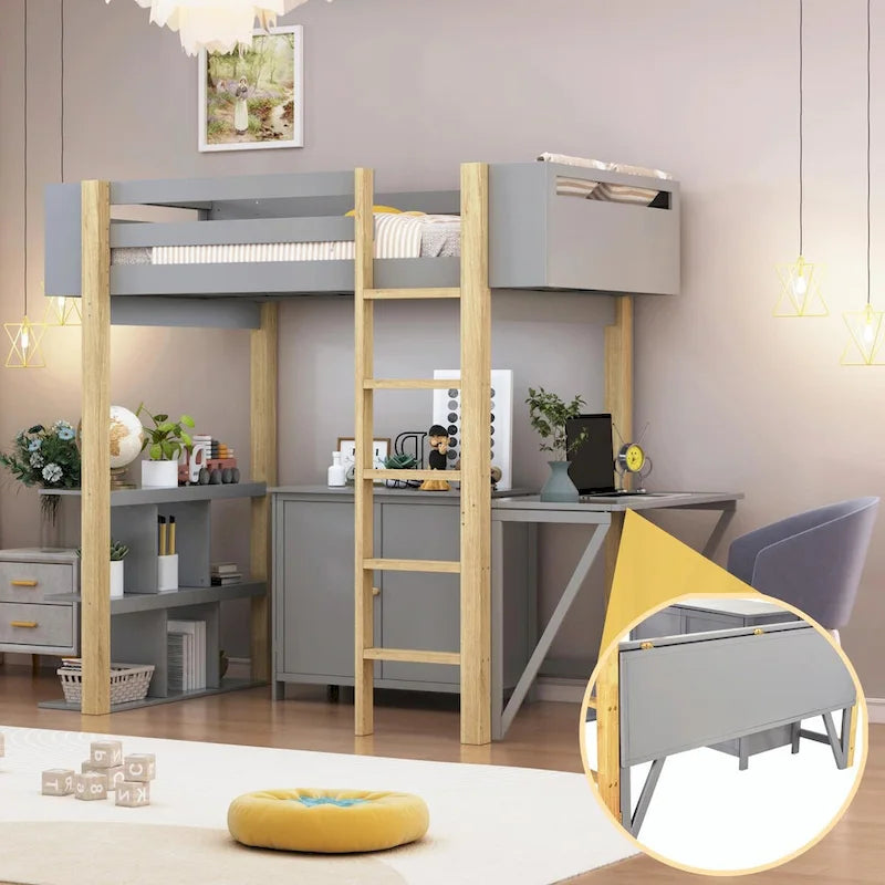 Wood Loft Bed With Built-in Storage Cabinet, Cubes, and Foldable Desk