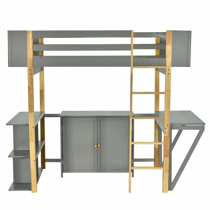 Wood Loft Bed With Built-in Storage Cabinet, Cubes, and Foldable Desk