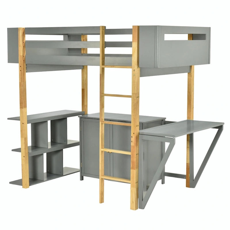 Wood Loft Bed With Built-in Storage Cabinet, Cubes, and Foldable Desk