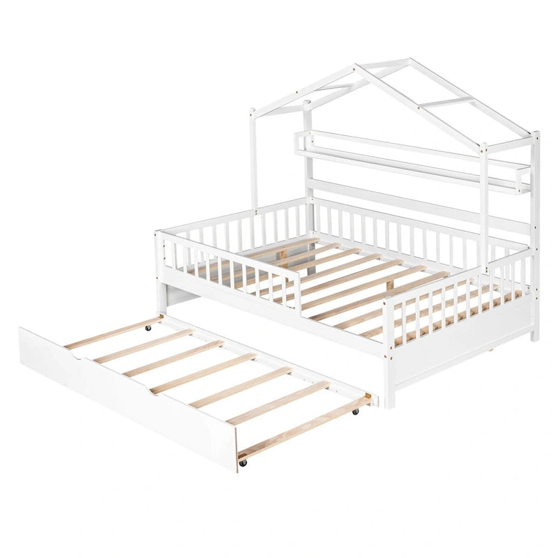White Kids Wooden House Bed with Twin Size Trundle and Shelf