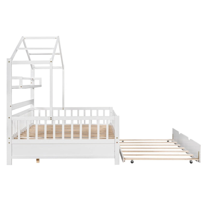 White Kids Wooden House Bed with Twin Size Trundle and Shelf