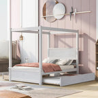 Wood Full Canopy Bed with Included Trundle for Additional Sleep Space
