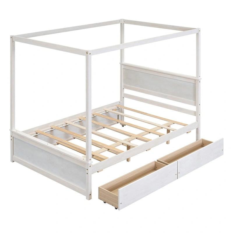 Wood Full Canopy Bed with Included Trundle for Additional Sleep Space