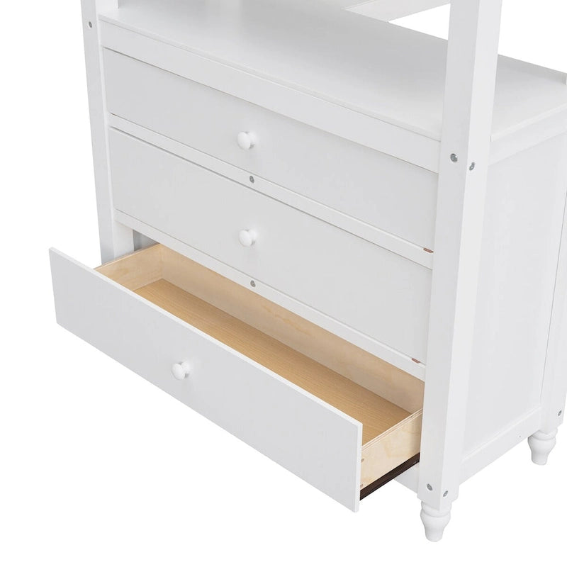 White Twin Solid Wood Loft Bed with Drawers Chest, Desk, Shelves