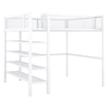 White Metal Loft Bed with 4-Tier Shelves and Storage