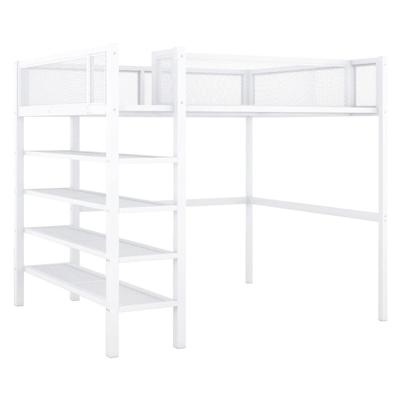 White Metal Loft Bed with 4-Tier Shelves and Storage