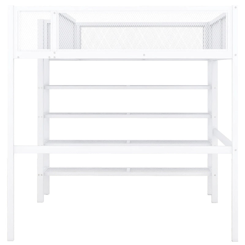 White Metal Loft Bed with 4-Tier Shelves and Storage