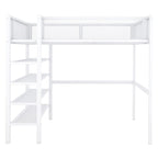 White Metal Loft Bed with 4-Tier Shelves and Storage