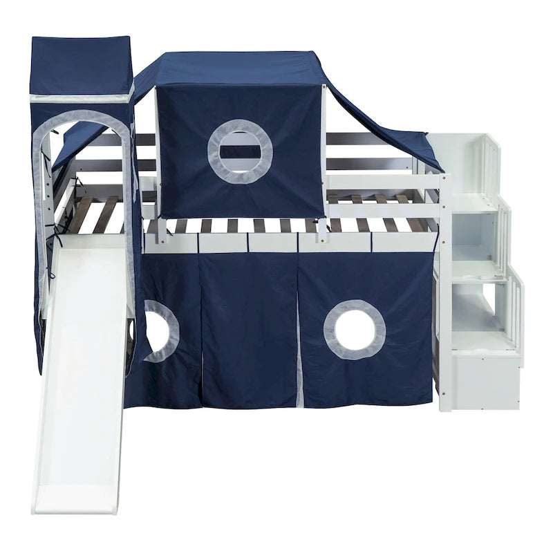 Blue Pine Wood Loft Bed with Storage Staircase and Slide, Tent and Tower, Full-Length Guardrail